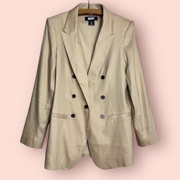 New DKNY Women’s Tan Double Breasted Slim Fit Suit Blazer Size Large Linen - Picture 1 of 5